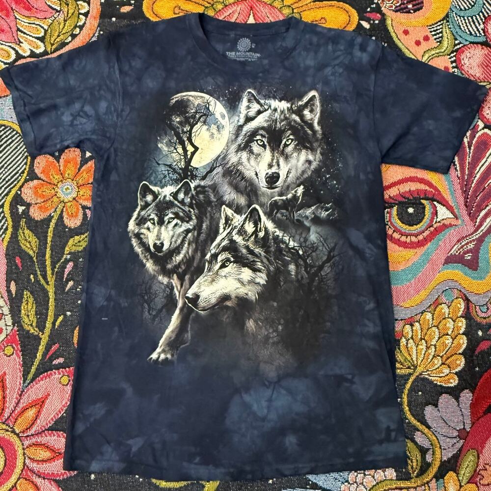 The Mountain Blue Tie Dye Wolves Moon Graphic Print Tee Fairy Grunge Forest M
